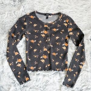 Forever 21 Floral Long Sleeve Waffle Knit Henley Top Size Small